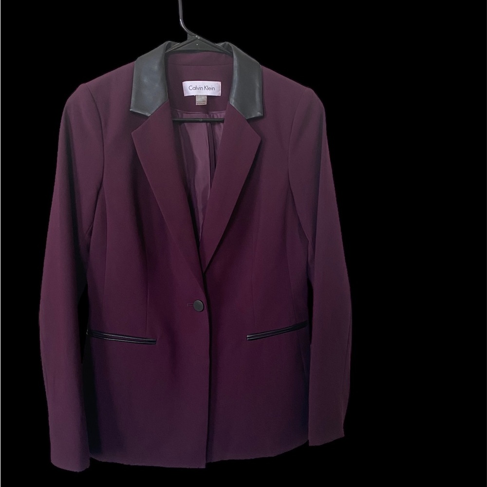 Calvin Klein Women's Blazer Purple w/ Faux Leather Trim